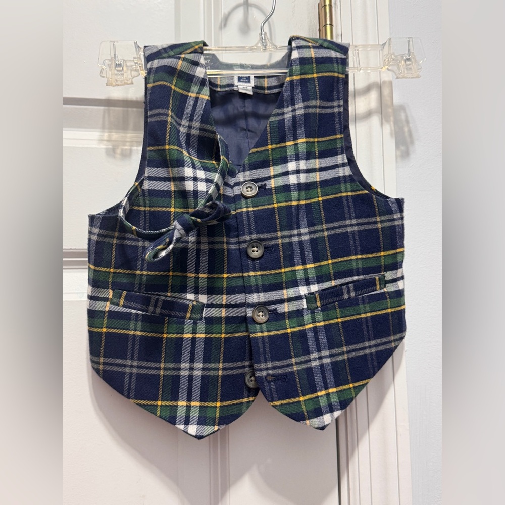 Janie and Jack Blue and Green Plaid Vest and bow tie size 2 T